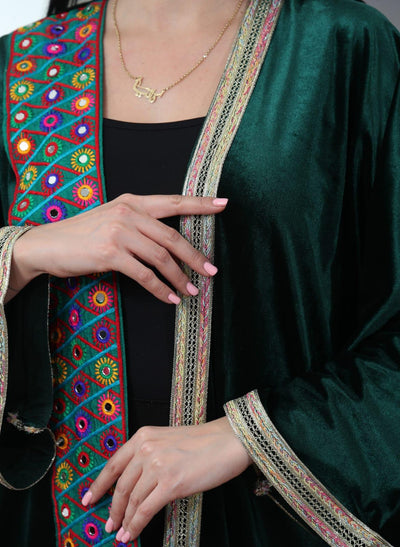 Green Velvet Abaya - (Free Size) Palestinian style Abaya - JPK Traditions