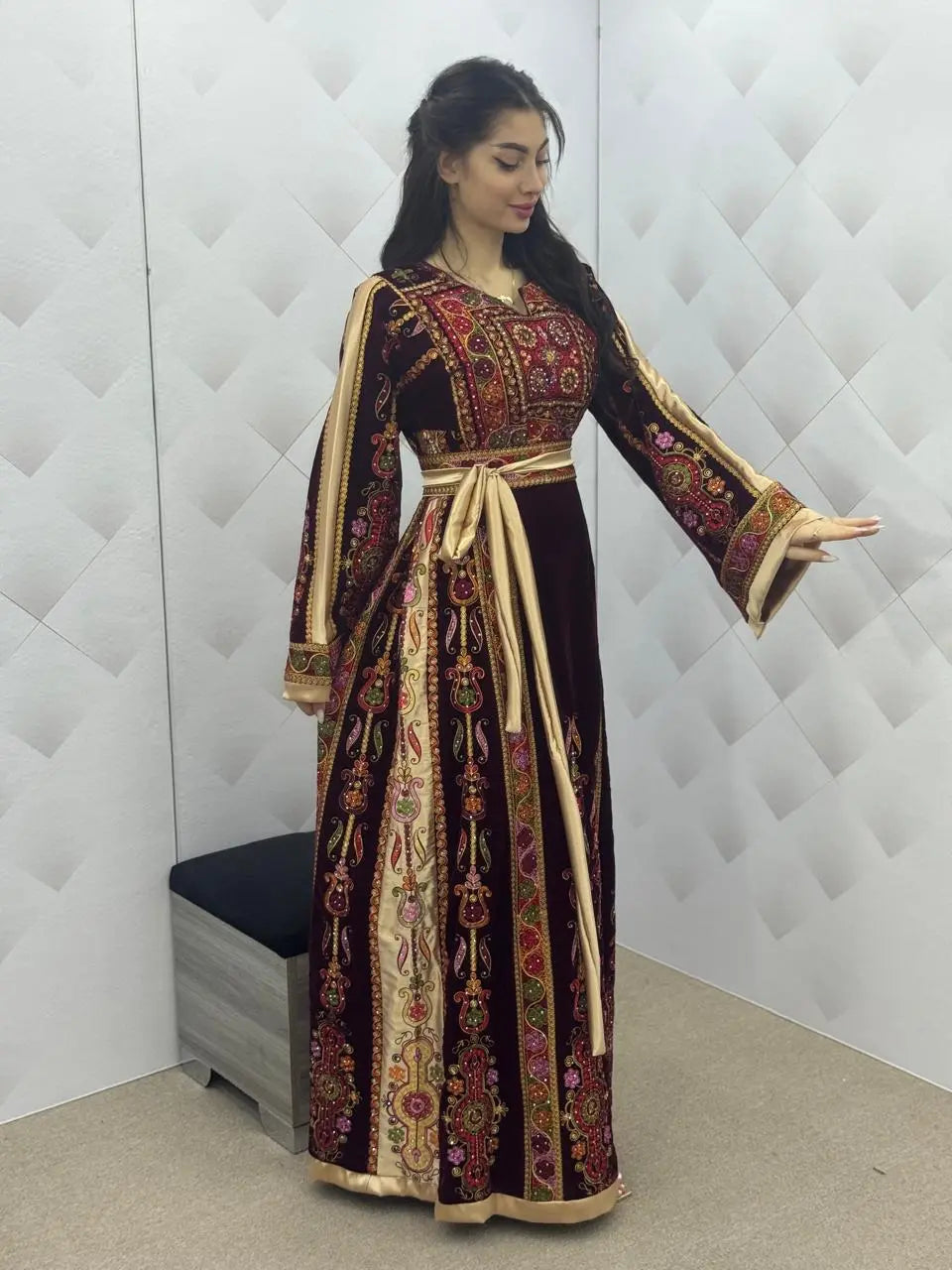 Maroon & Gold Velvet Palestinian Thobe dress - Embroidered thobe High  JPK  Traditions