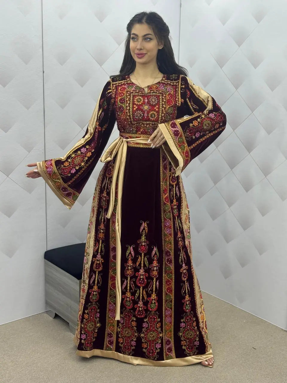 Maroon & Gold Velvet Palestinian Thobe dress - Embroidered thobe High JPK Traditions Maroon & Gold Velvet Palestinian Thobe dress - Embroidered thobe High JPK Traditions