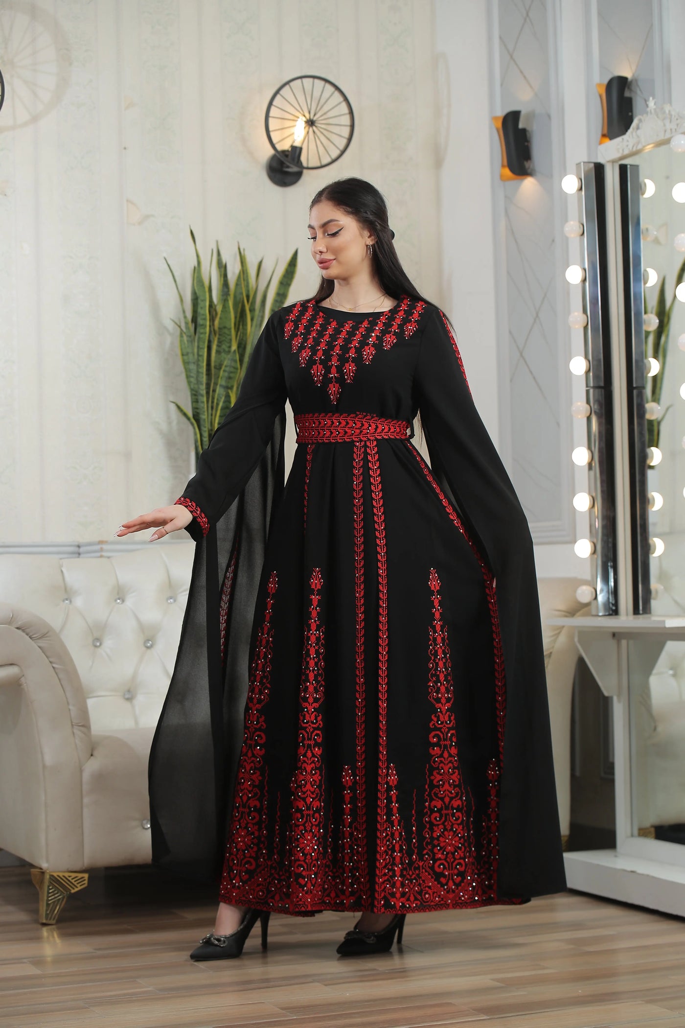 embroidered palestinian dresses Nazareth Dress Long Green Prom Dress U.S. Army to roll 34 in Full Length Color:Black/Charcoal