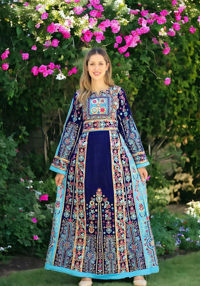 Navy & Blue Velvet -Very High Quality Embroidered Palestinian style Thobe - JPK Traditions