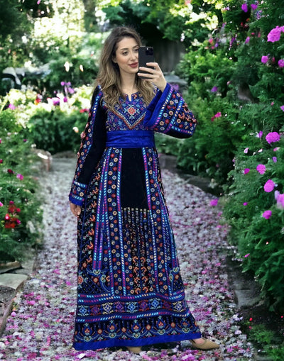 Blue Velvet Queen - Very High Quality Emroidered Palestinian style Thobe - JPK Traditions