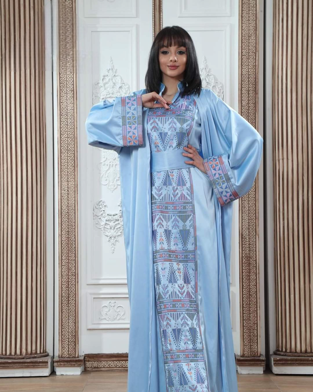 Sky Princess - 2 Piece High Quality Traditional Embroidered Satin Palestinian Style /Thobe/Dress