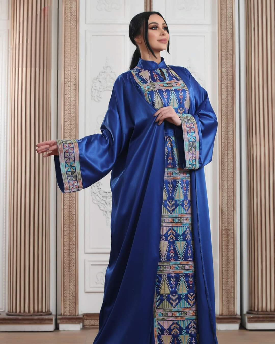 Blue Princess - High Quality 2 Piece Embroidered Satin Palestinian Style Thobe/Dress