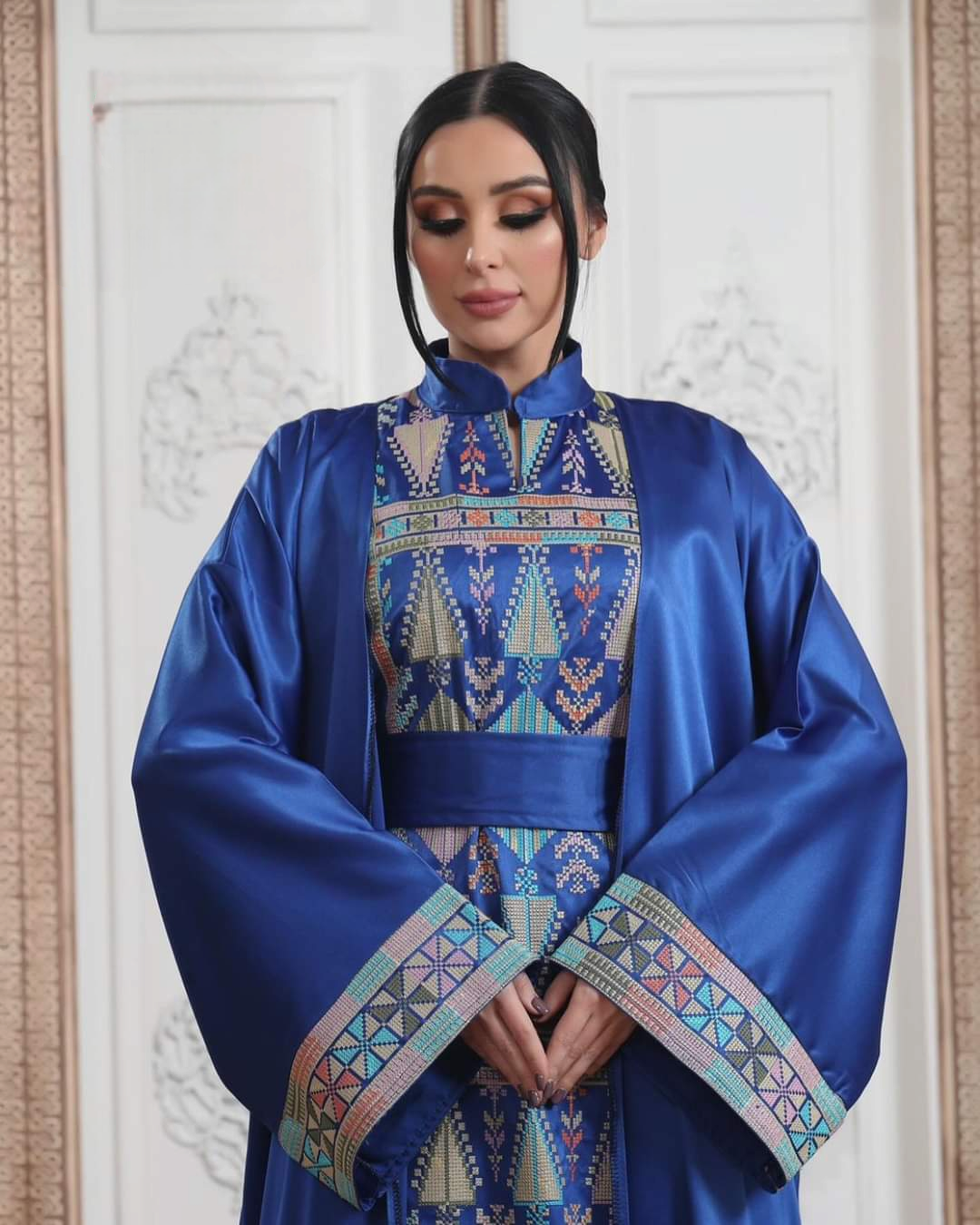 Blue Princess - High Quality 2 Piece Embroidered Satin Palestinian Style Thobe/Dress