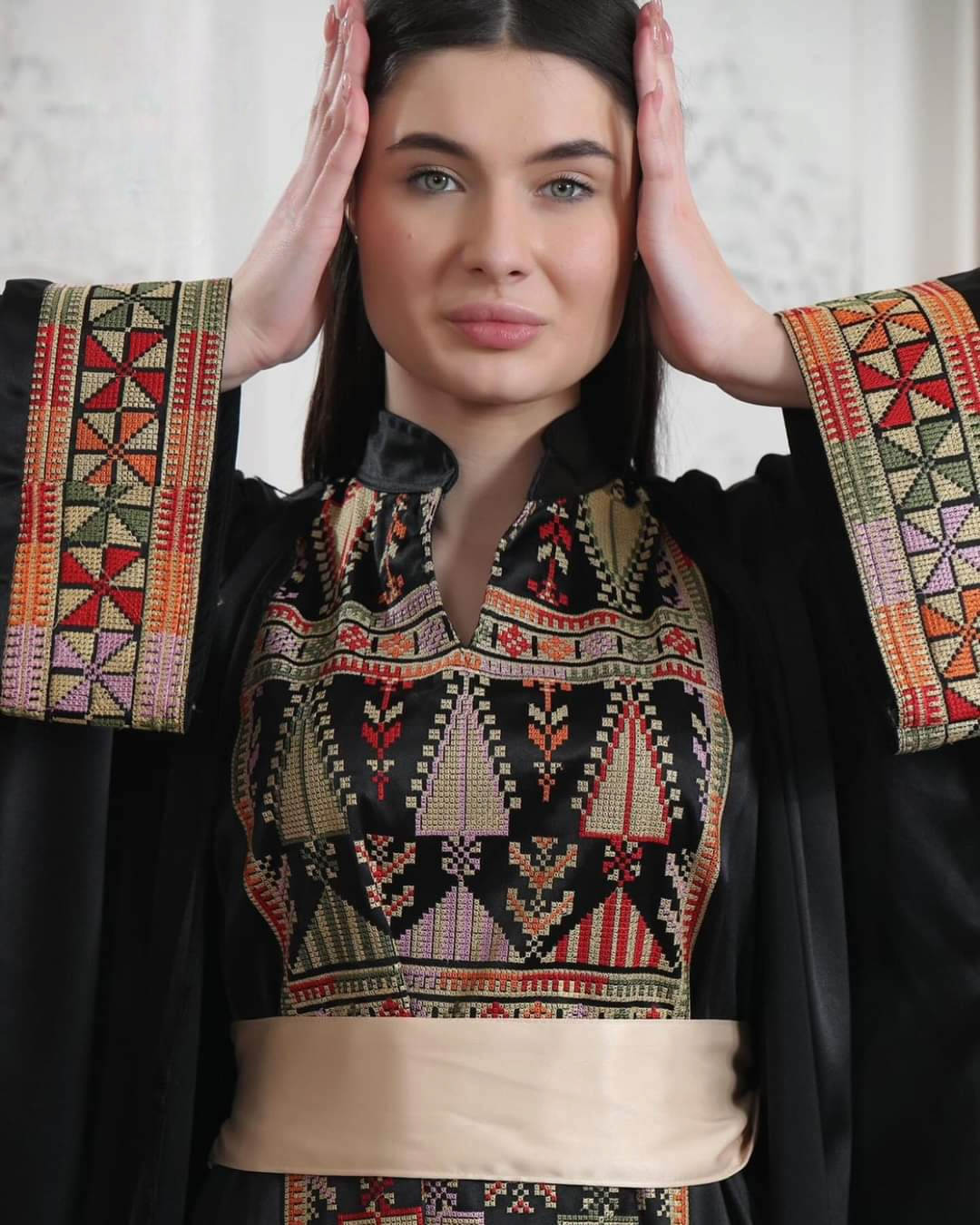 Black Satin Princess - 2 Piece High Quality Traditional Embroidered Satin Palestinian Style Thobe/Dress