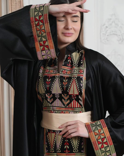 Black Satin Princess - 2 Piece High Quality Traditional Embroidered Satin Palestinian Style Thobe/Dress