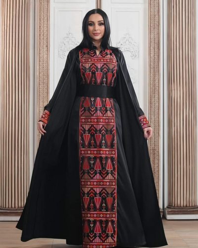 Black & Red Satin Princess - 2 Piece High Quality Traditional Embroidered Satin Palestinian Style Thobe/Dress