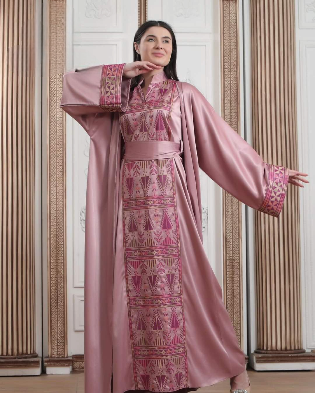 Pink Satin Princess - 2 Piece High Quality Traditional Embroidered Satin Palestinian Style Thobe/Dress
