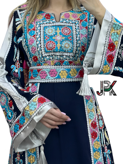 Navy & Silver Velvet - Very High Quality Traditional Embroidered Palestinian Thobe