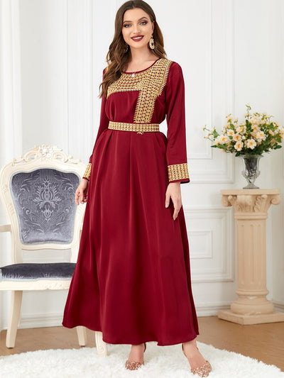 Elegant Moroccan Abaya Coat and Satin Embroidered Two-Piece Dress Set