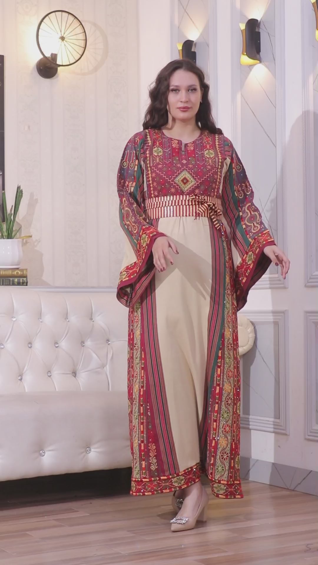 Beige & Red Majdalawi - High Quality Traditional Embroidered Palestinian style Thobe for women